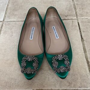 Manolo Blahnik Hangisi Satin Green Flats